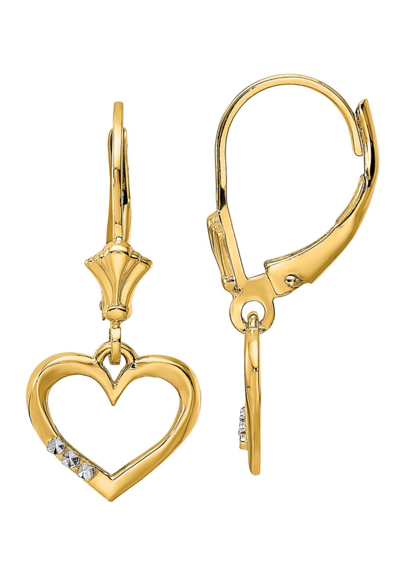 14K Yellow Gold and White Rhodium Diamond-Cut Heart Lever Back Earrings