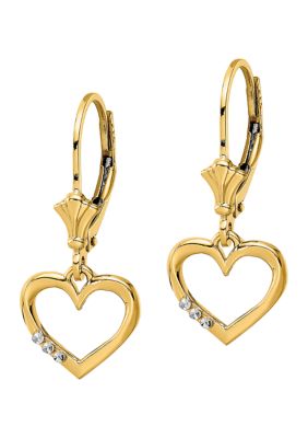 14K Yellow Gold and White Rhodium Diamond-Cut Heart Lever Back Earrings