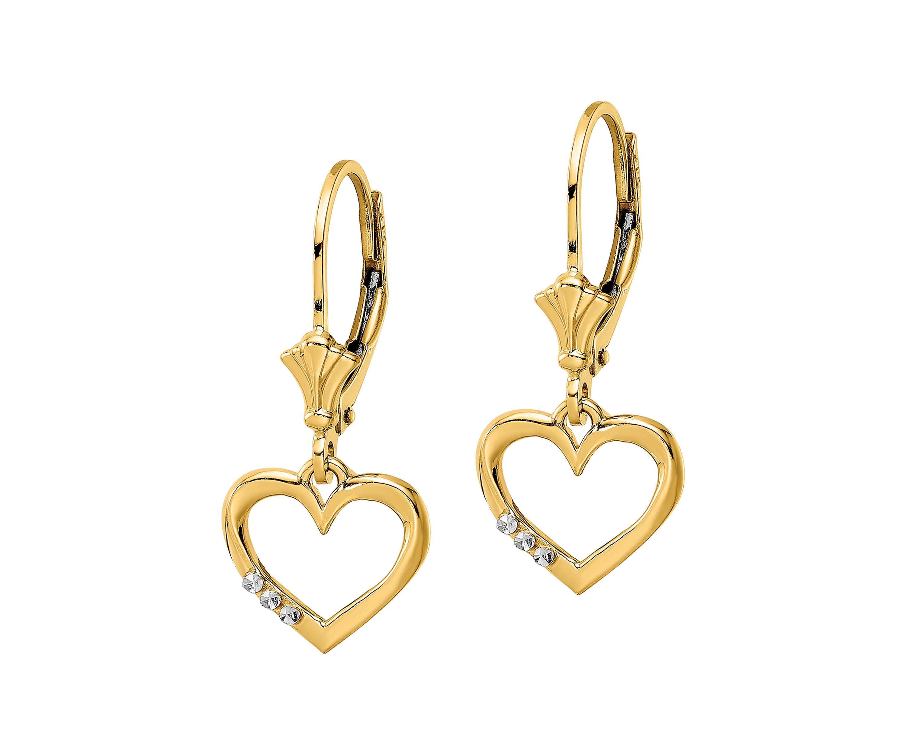 14K Yellow Gold and White Rhodium Diamond-Cut Heart Lever Back Earrings