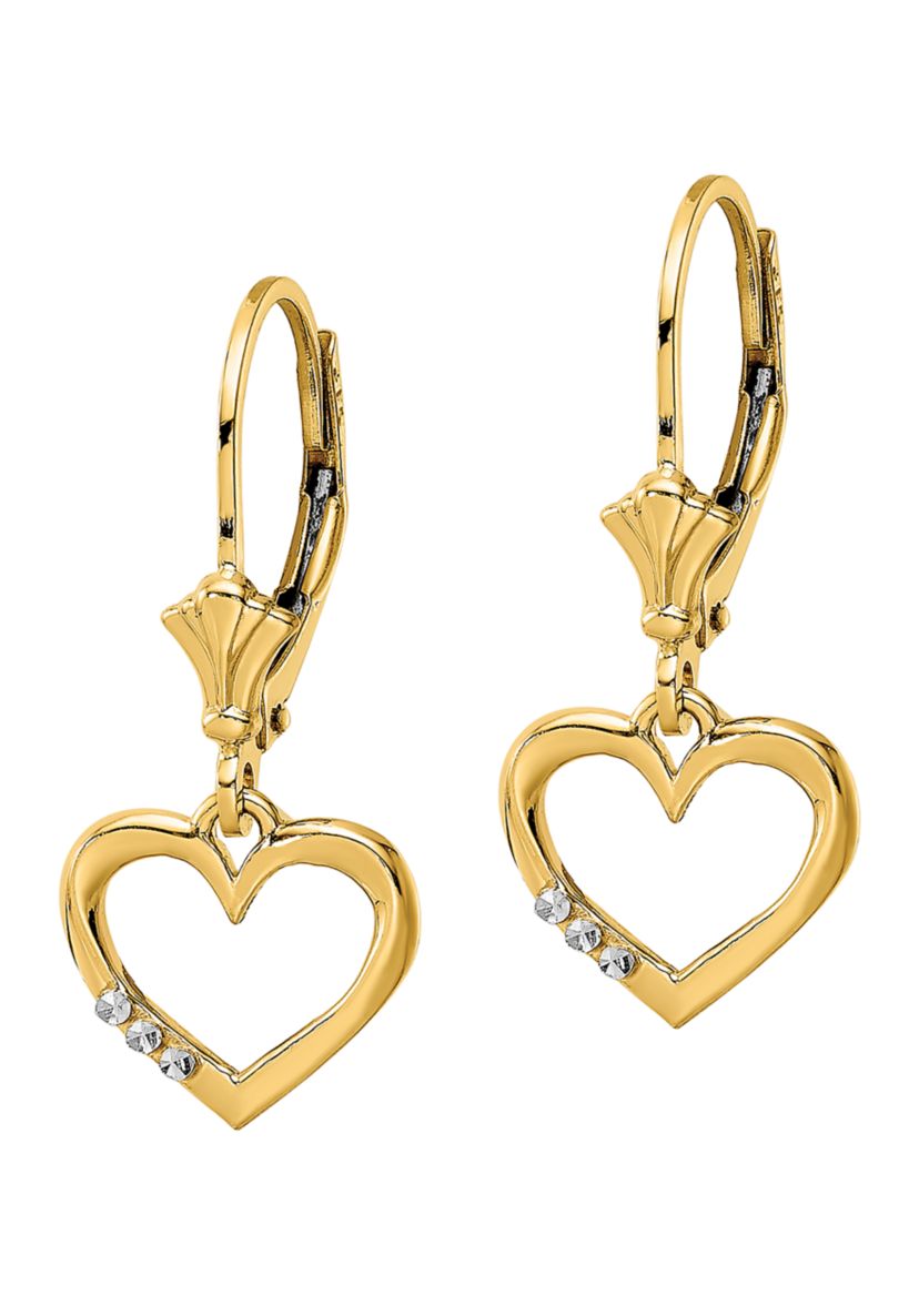 14K Yellow Gold and White Rhodium Diamond-Cut Heart Lever Back Earrings