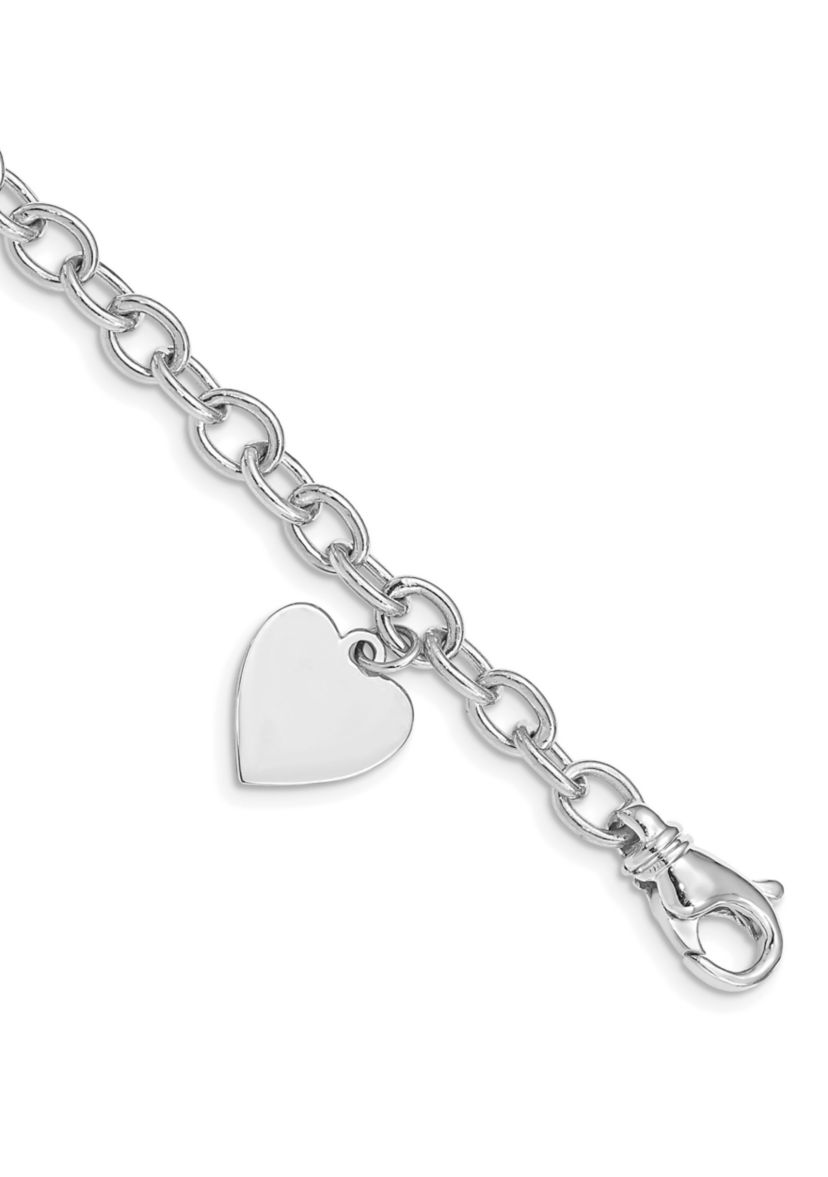 14K White Gold 8.5-inch Polished Link with Heart Charm Bracelet