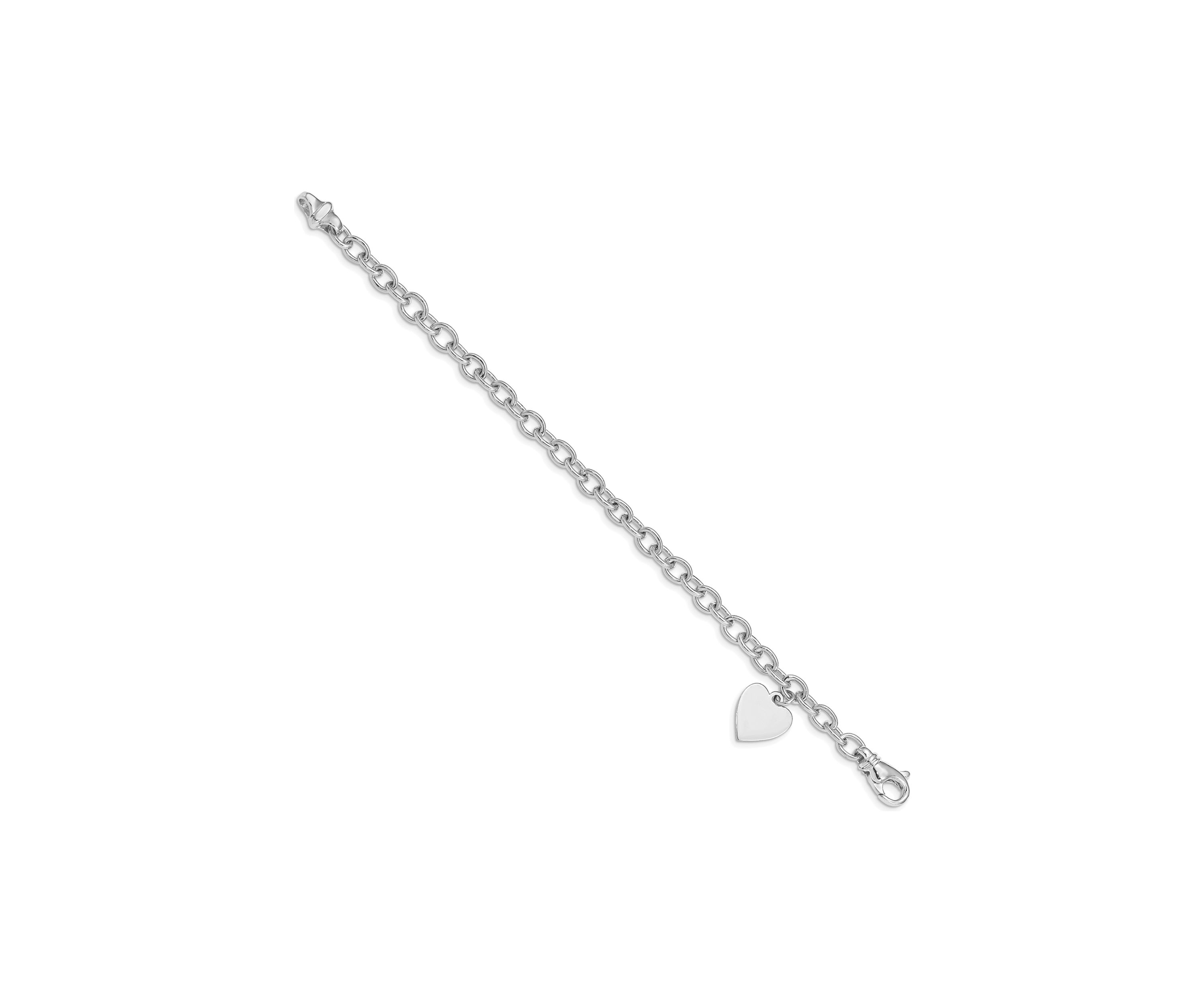 14K White Gold 8.5-inch Polished Link with Heart Charm Bracelet