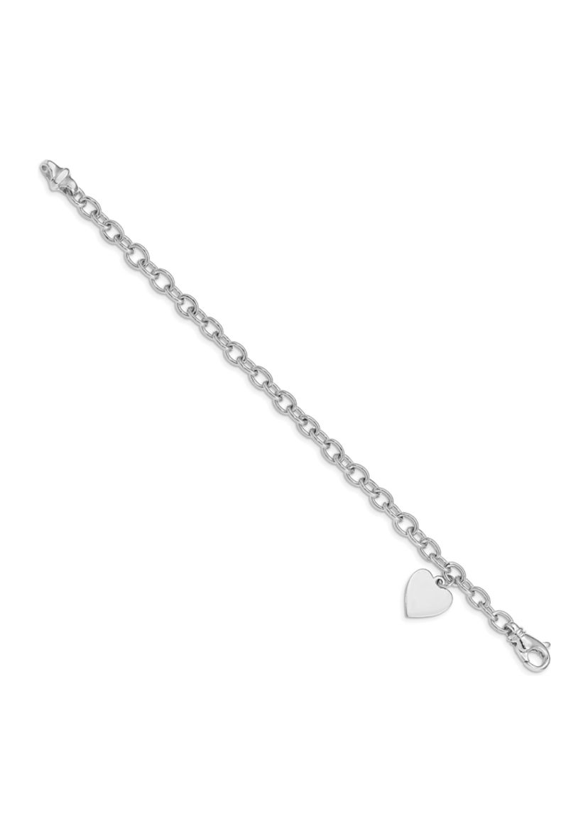 14K White Gold 8.5-inch Polished Link with Heart Charm Bracelet