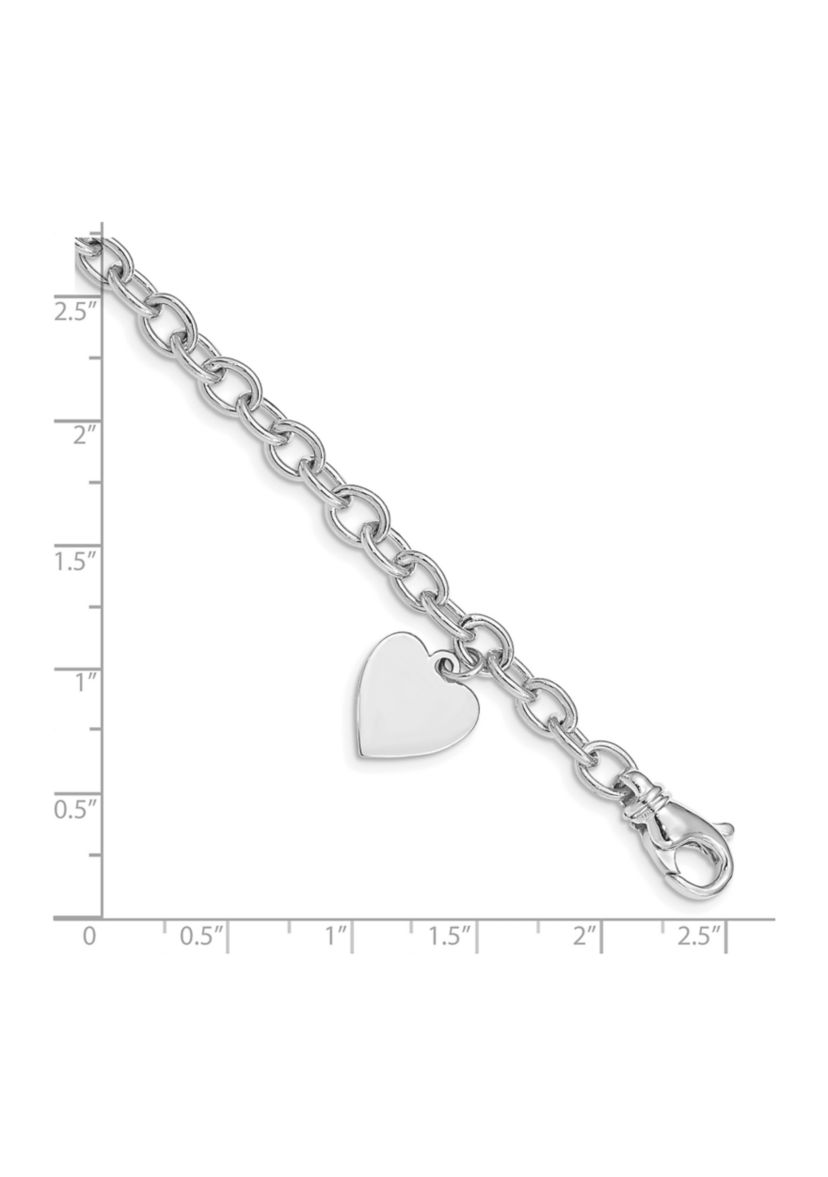 14K White Gold 8.5-inch Polished Link with Heart Charm Bracelet