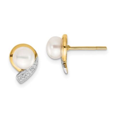 Belk & Co 0.01 ct. t.w. Diamond and 5-6mm White Button Freshwater Cultured Pearl Post Earrings in 14K Yellow Gold