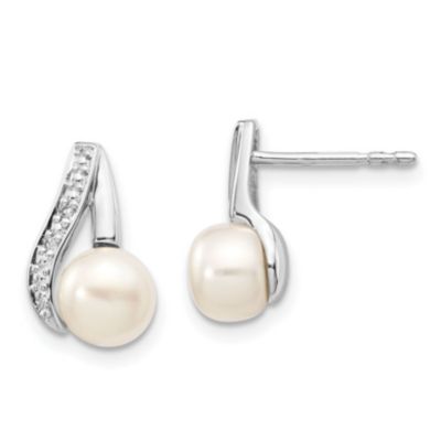 Belk & Co 0.02 ct. t.w. Diamond and Rhodium 6-7mm Button Freshwater Cultured Pearl Post Earrings in 14K Yellow Gold, White