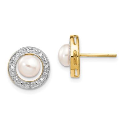 Belk & Co 0.056 ct. t.w. Diamond with Rhodium 5-6mm Semi-round Freshwater Cultured Pearl Earrings in 14K Yellow Gold