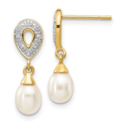 Belk & Co 0.01 ct. t.w. Diamond and 7x5mm White Teardrop Freshwater Cultured Pearl Dangle Earrings in 14K Yellow Gold
