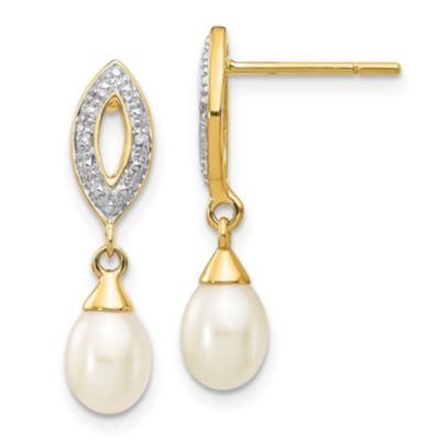 Belk & Co 0.01 ct. t.w. Diamond and 7x5mm White Teardrop Freshwater Cultured Pearl Dangle Earrings in 14K Yellow Gold