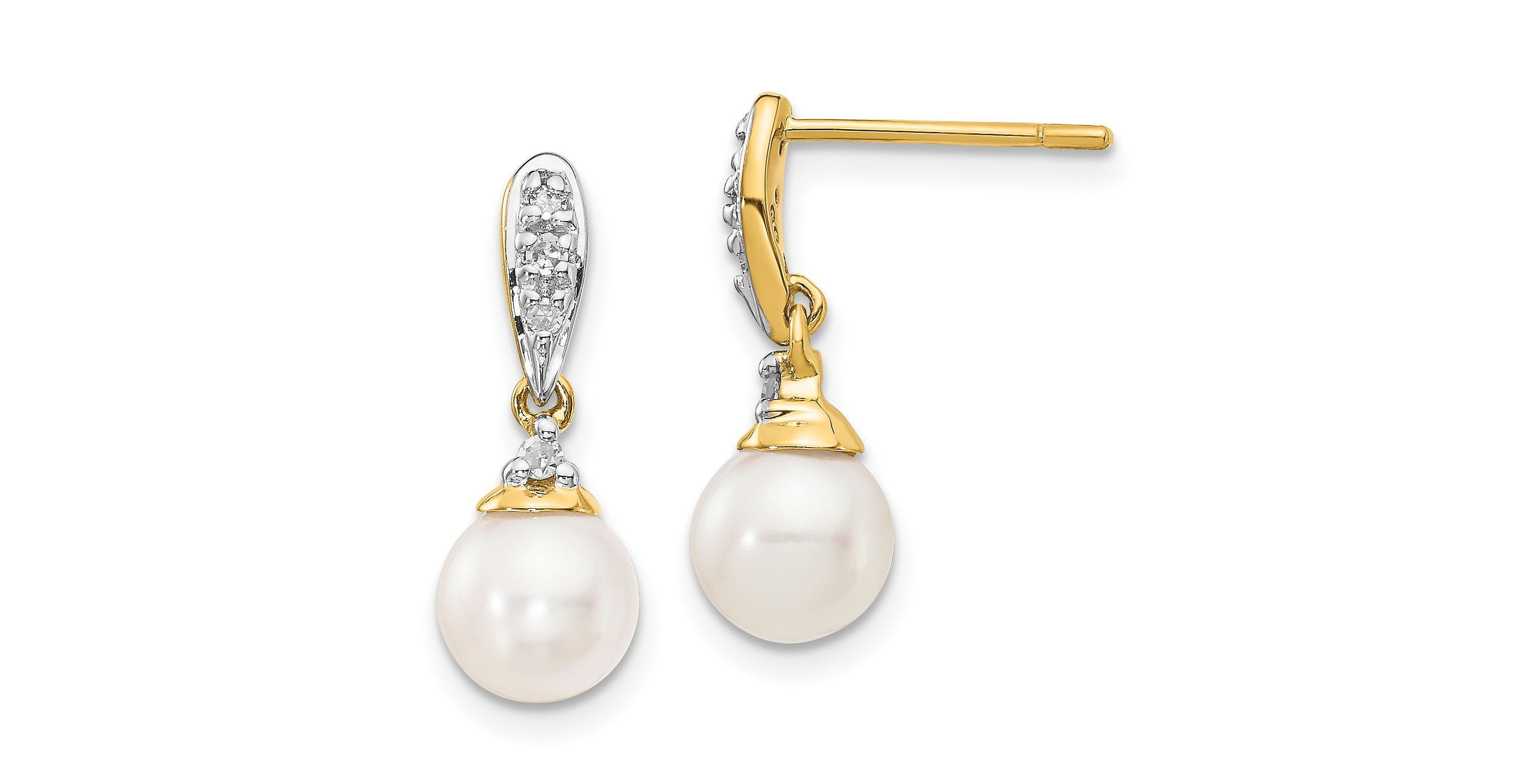 0.082 ct. t.w. Diamond and 6-7mm White Round Freshwater Cultured Pearl Dangle Earrings in 14K Yellow Gold