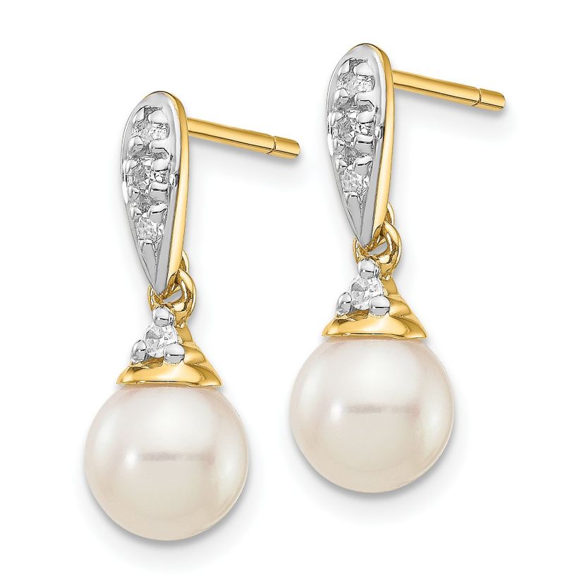 0.082 ct. t.w. Diamond and 6-7mm White Round Freshwater Cultured Pearl Dangle Earrings in 14K Yellow Gold