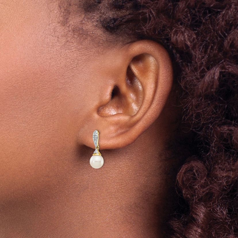 0.082 ct. t.w. Diamond and 6-7mm White Round Freshwater Cultured Pearl Dangle Earrings in 14K Yellow Gold