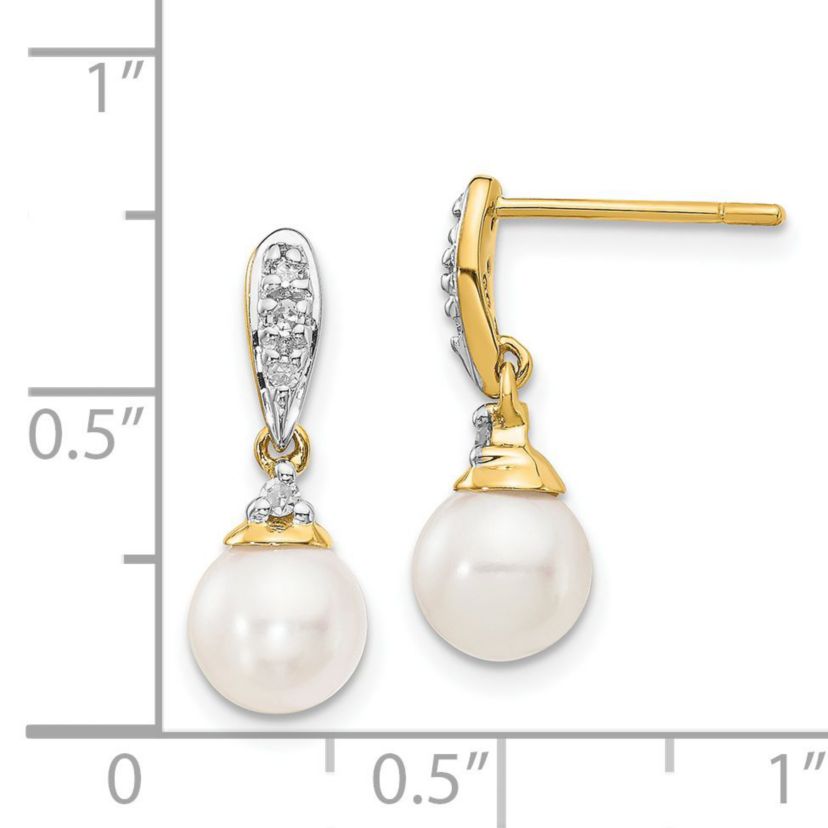 0.082 ct. t.w. Diamond and 6-7mm White Round Freshwater Cultured Pearl Dangle Earrings in 14K Yellow Gold