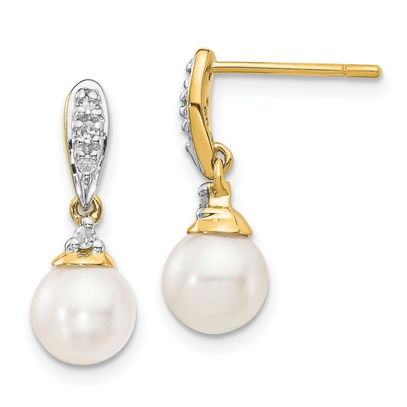 0.082 ct. t.w. Diamond and 6-7mm White Round Freshwater Cultured Pearl Dangle Earrings in 14K Yellow Gold