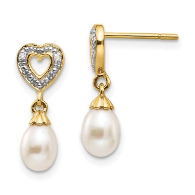 Belk & Co 0.01 ct. t.w. Diamond and 7x5mm Teardrop Freshwater Cultured Pearl Heart Dangle Earrings in 14K Yellow Gold