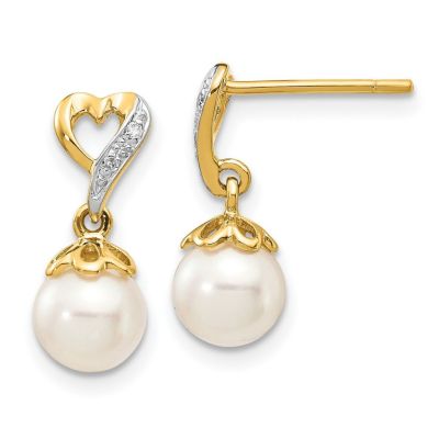 Belk & Co 0.012 ct. t.w. Diamond and 7x5mm Teardrop Freshwater Cultured Pearl Heart Dangle Earrings in 14K Yellow Gold