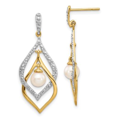 Belk & Co 0.02 ct. t.w. Diamond and 5-6mm White Round Freshwater Cultured Pearl Dangle Earrings in 14K Yellow Gold
