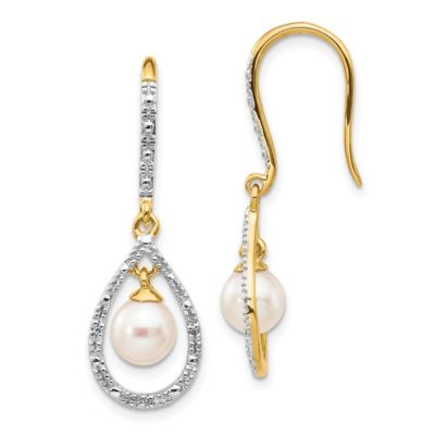 Belk & Co 0.02 ct. t.w. Diamond and 6-7mm White Round Freshwater Cultured Pearl Dangle Earrings in 14K Yellow Gold