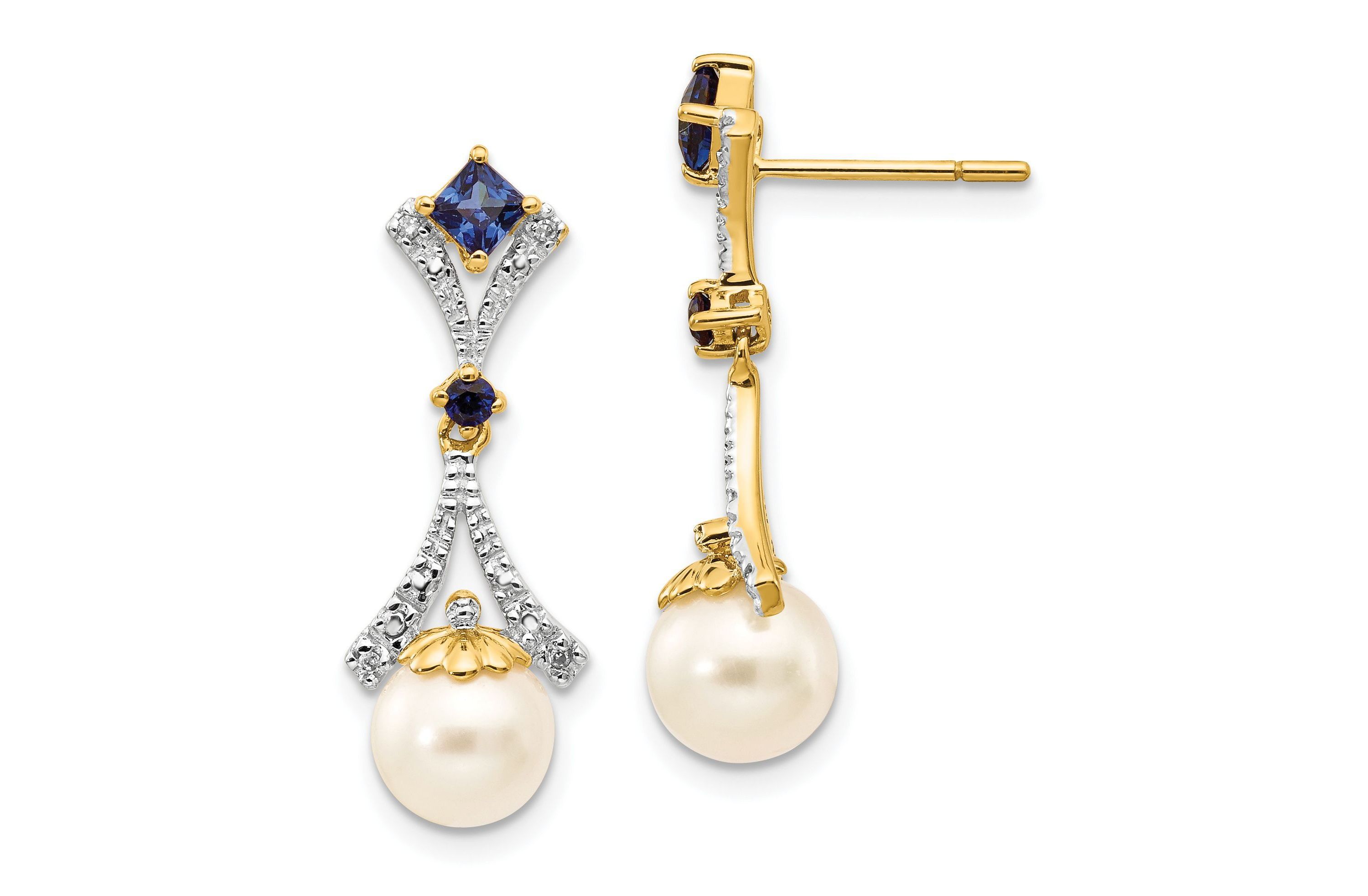 0.028 ct. t.w. Diamond, 1/10 ct. t.w. Sapphire and 7-8mm and Freshwater Cultured Pearl Lab Created Dangle Post Earrings in 14K Yellow Gold