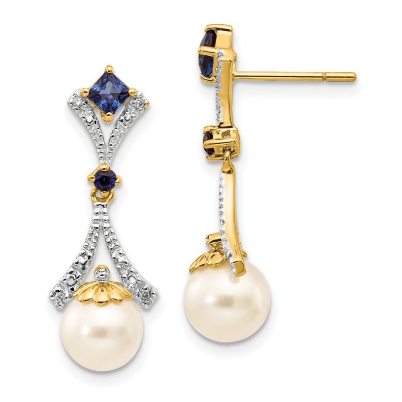 0.028 ct. t.w. Diamond, 1/10 ct. t.w. Sapphire and 7-8mm and Freshwater Cultured Pearl Lab Created Dangle Post Earrings in 14K Yellow Gold