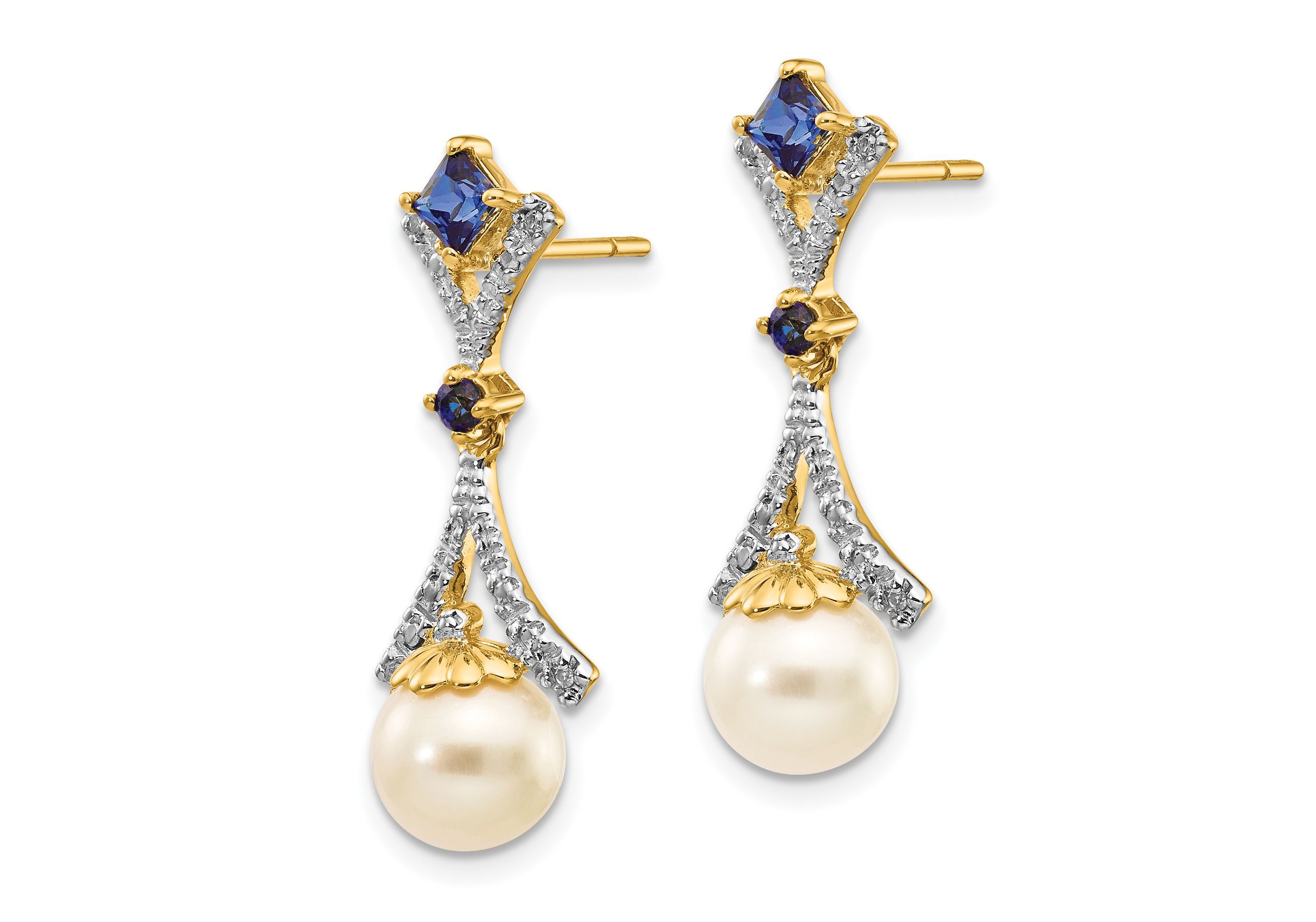 0.028 ct. t.w. Diamond, 1/10 ct. t.w. Sapphire and 7-8mm and Freshwater Cultured Pearl Lab Created Dangle Post Earrings in 14K Yellow Gold