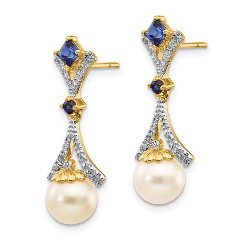 0.028 ct. t.w. Diamond, 1/10 ct. t.w. Sapphire and 7-8mm and Freshwater Cultured Pearl Lab Created Dangle Post Earrings in 14K Yellow Gold