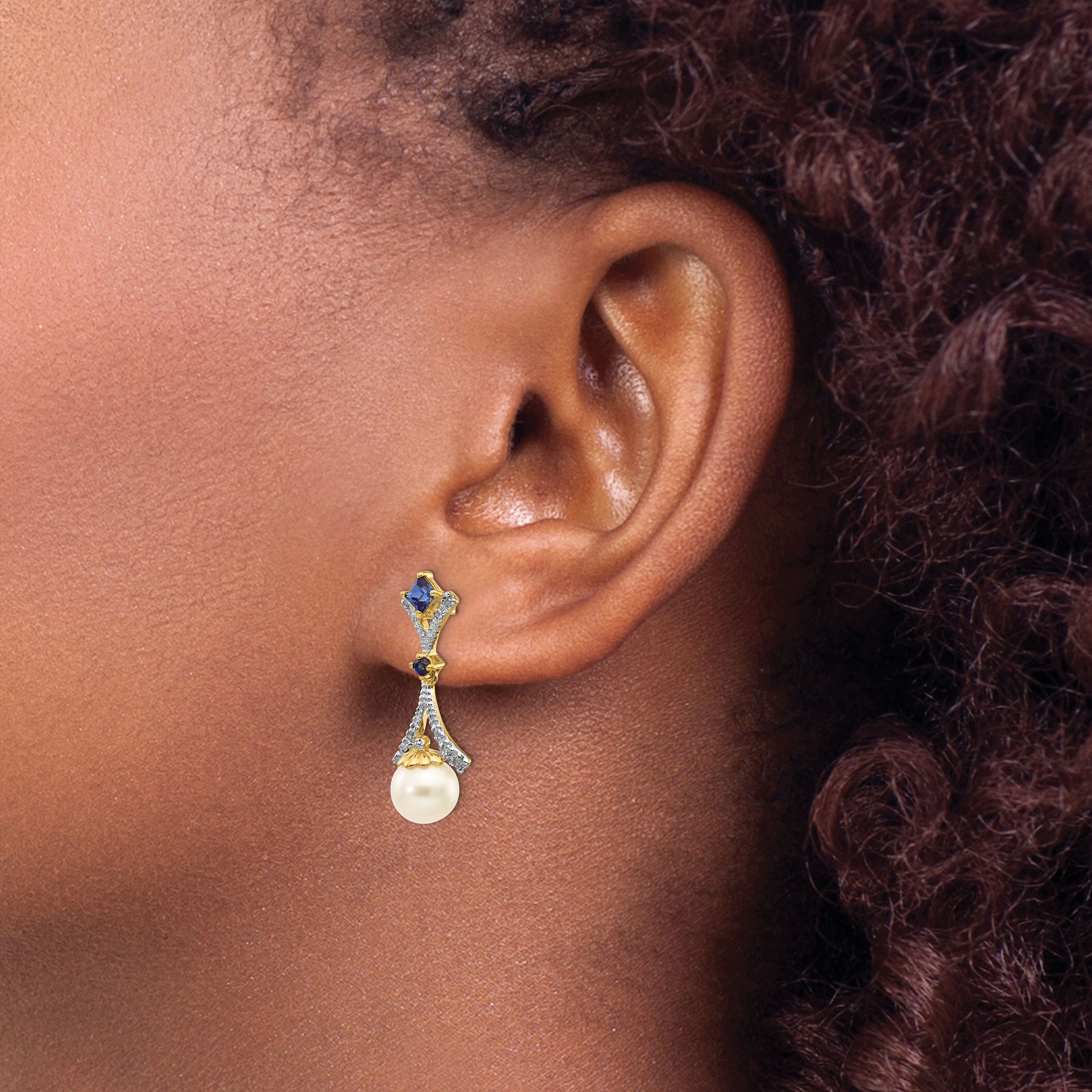 0.028 ct. t.w. Diamond, 1/10 ct. t.w. Sapphire and 7-8mm and Freshwater Cultured Pearl Lab Created Dangle Post Earrings in 14K Yellow Gold