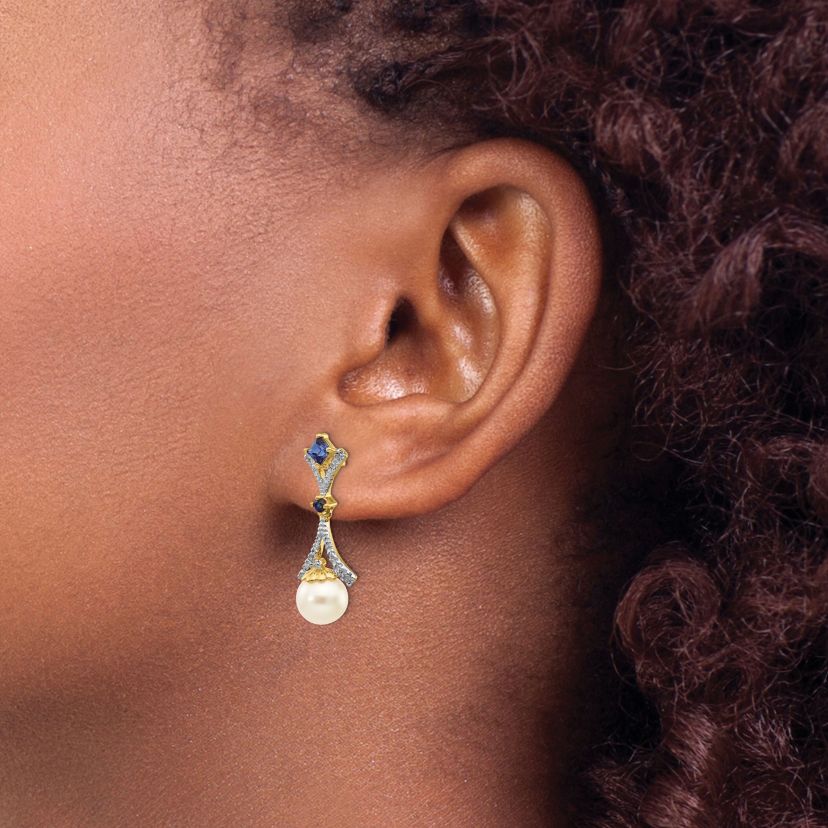0.028 ct. t.w. Diamond, 1/10 ct. t.w. Sapphire and 7-8mm and Freshwater Cultured Pearl Lab Created Dangle Post Earrings in 14K Yellow Gold
