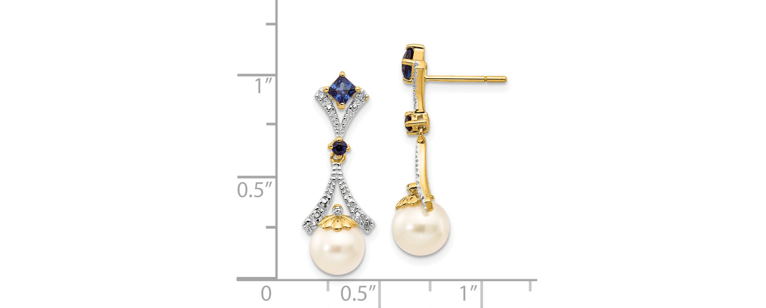 0.028 ct. t.w. Diamond, 1/10 ct. t.w. Sapphire and 7-8mm and Freshwater Cultured Pearl Lab Created Dangle Post Earrings in 14K Yellow Gold