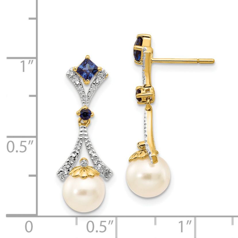0.028 ct. t.w. Diamond, 1/10 ct. t.w. Sapphire and 7-8mm and Freshwater Cultured Pearl Lab Created Dangle Post Earrings in 14K Yellow Gold