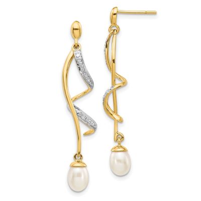 Belk & Co 0.01 ct. t.w. Diamond and 6-7mm White Round Freshwater Cultured Pearl Dangle Earrings in 14K Yellow Gold