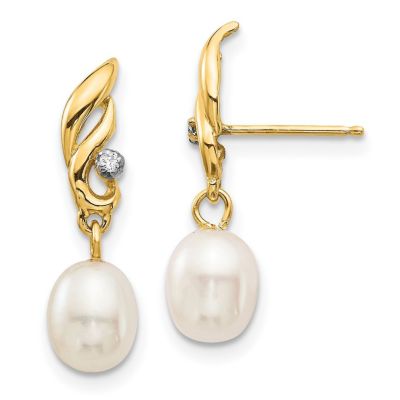 Belk & Co 0.02 ct. t.w. Diamond and 5-6mm White Rice Freshwater Cultured Pearl Dangle Earrings in 14K Yellow Gold