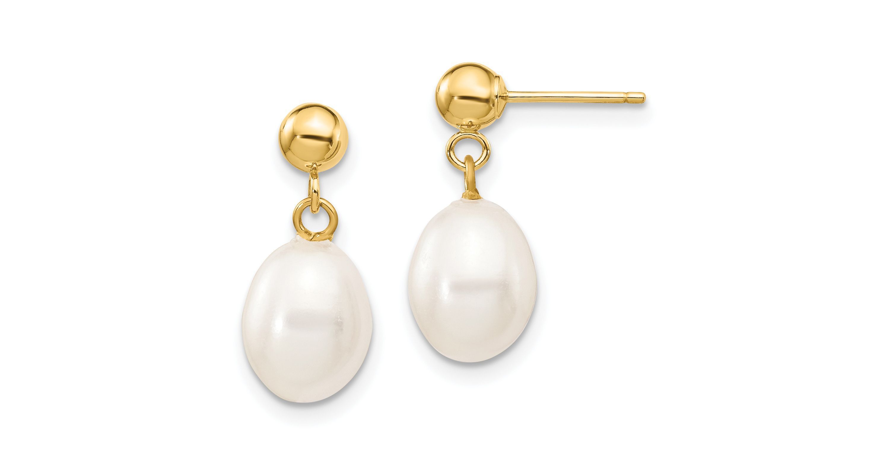 14K Yellow Gold 7-8mm White Rice Freshwater Cultured Pearl Dangle Post Earrings