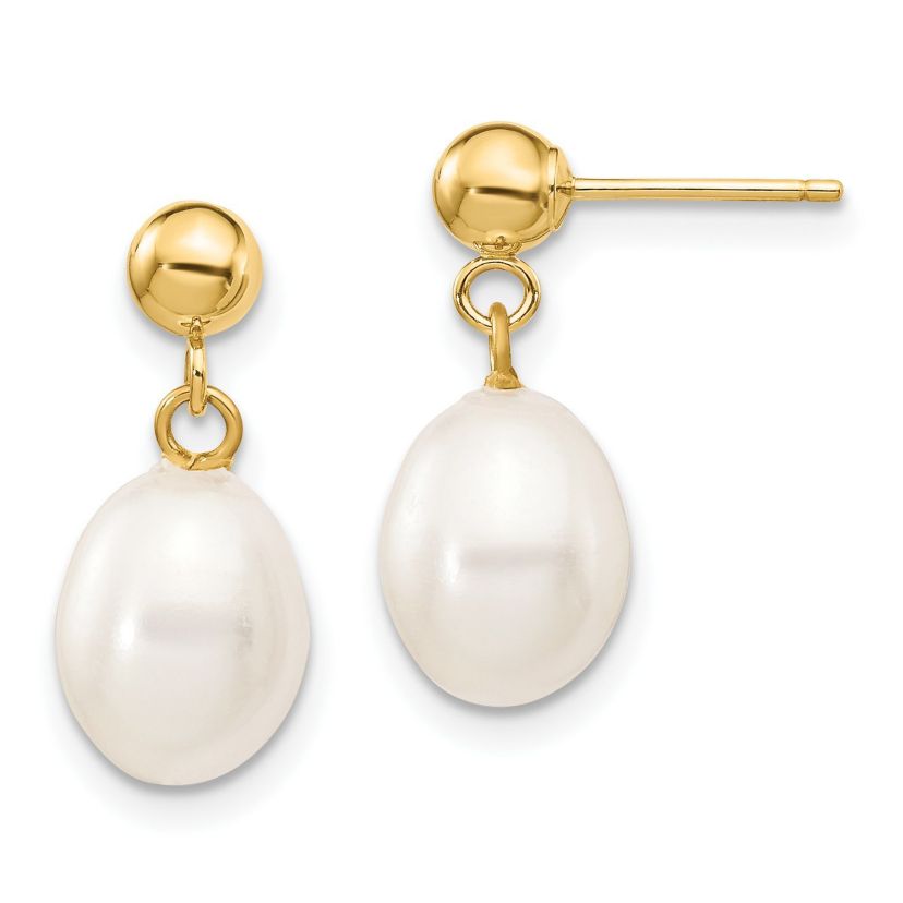 14K Yellow Gold 7-8mm White Rice Freshwater Cultured Pearl Dangle Post Earrings