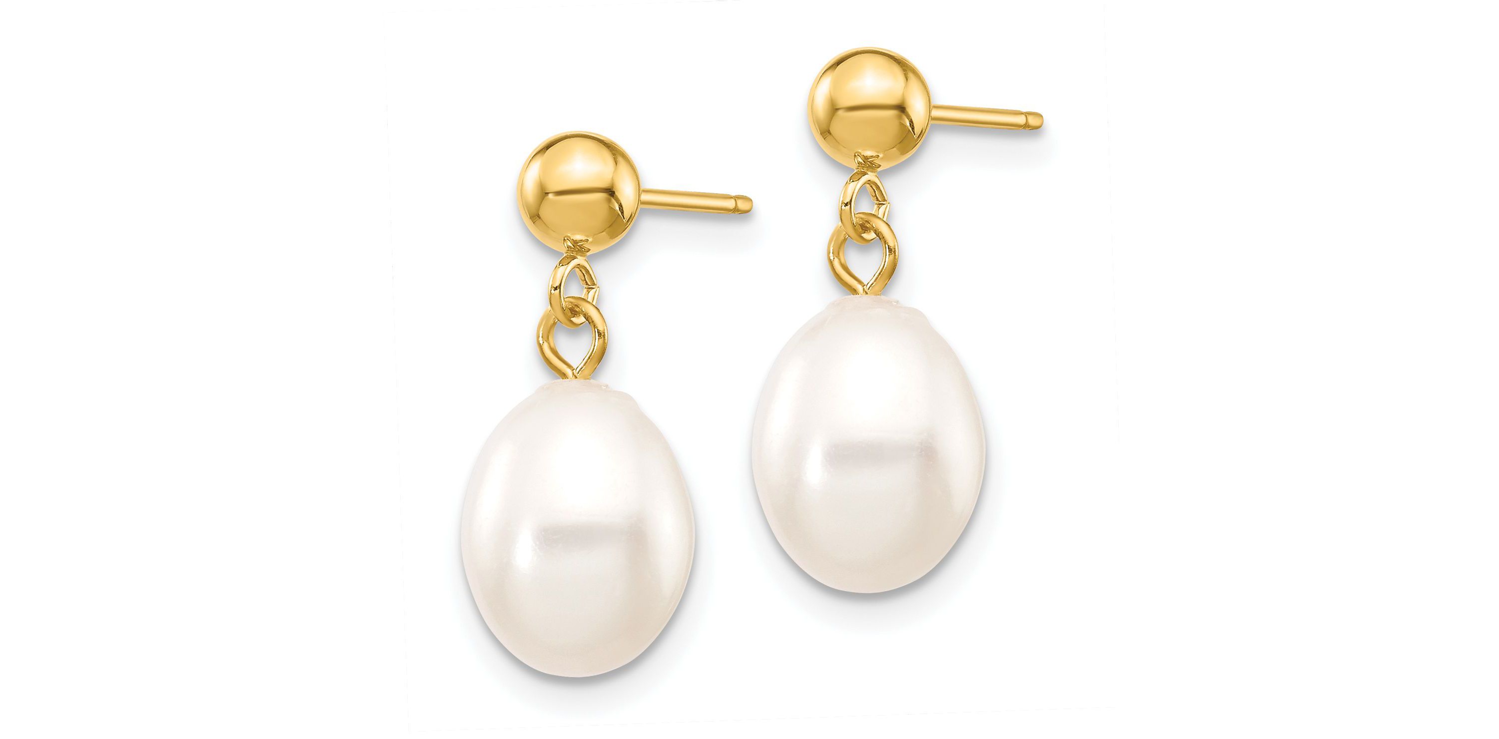 14K Yellow Gold 7-8mm White Rice Freshwater Cultured Pearl Dangle Post Earrings