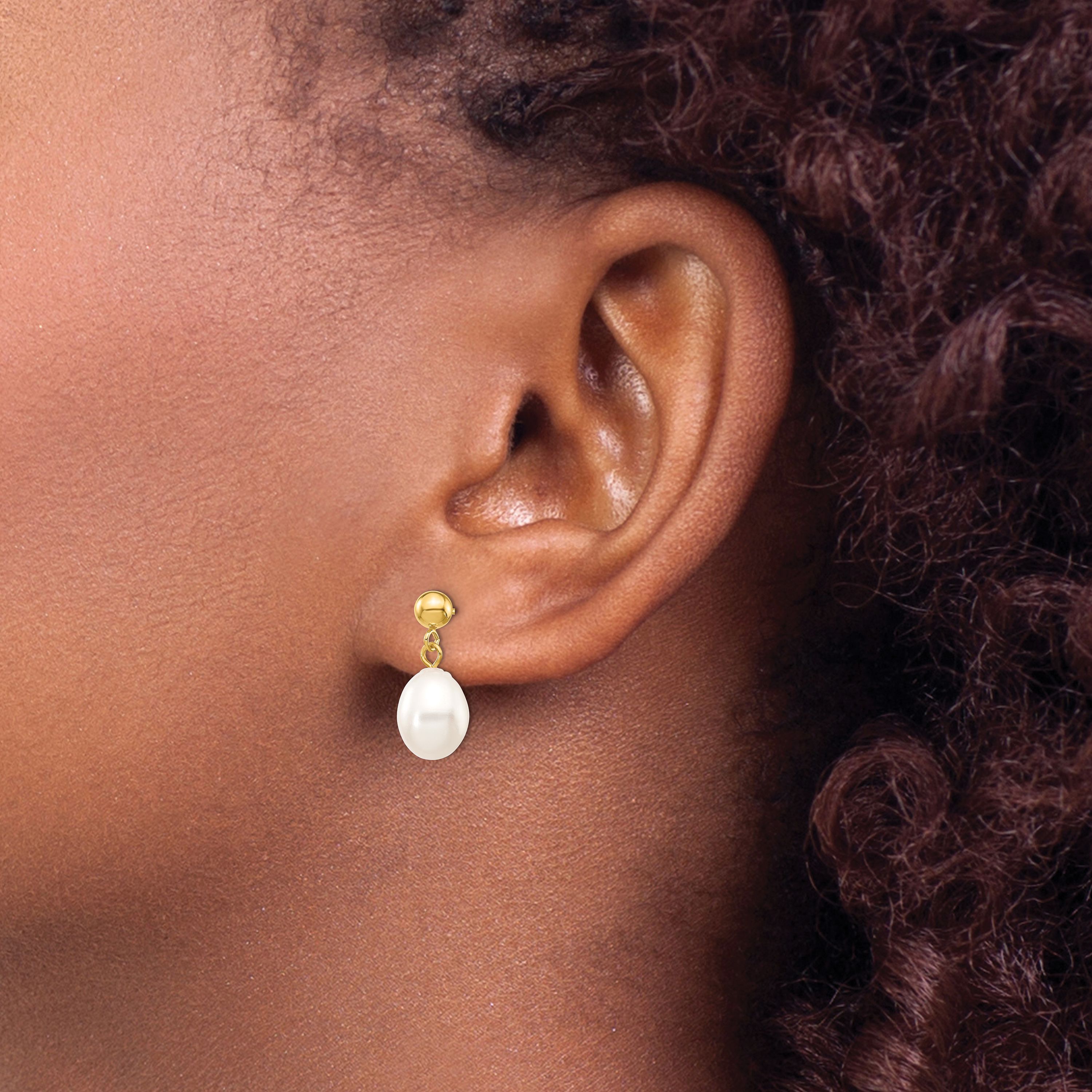14K Yellow Gold 7-8mm White Rice Freshwater Cultured Pearl Dangle Post Earrings
