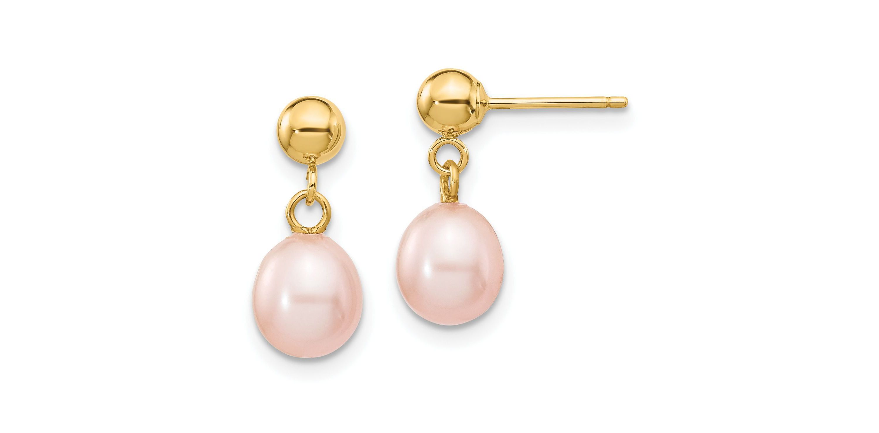 14K Yellow Gold 6-7mm Pink Rice Freshwater Cultured Pearl Dangle Post Earrings