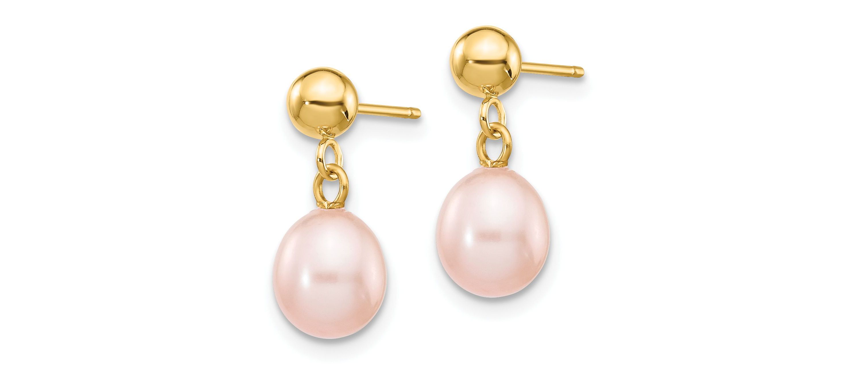 14K Yellow Gold 6-7mm Pink Rice Freshwater Cultured Pearl Dangle Post Earrings