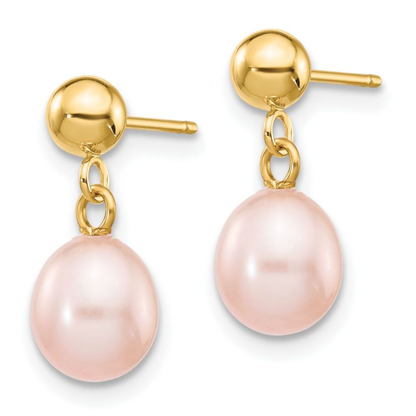14K Yellow Gold 6-7mm Pink Rice Freshwater Cultured Pearl Dangle Post Earrings