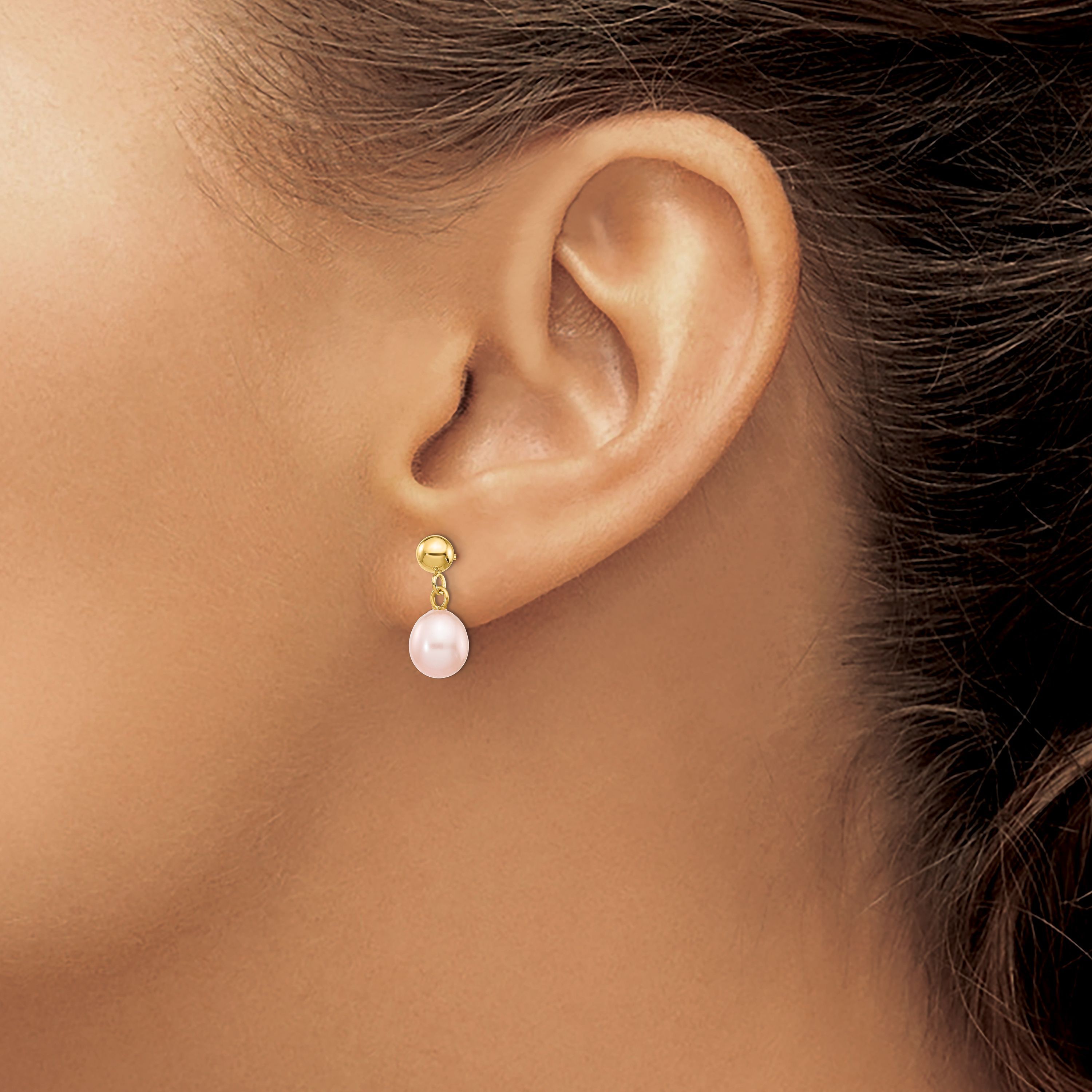 14K Yellow Gold 6-7mm Pink Rice Freshwater Cultured Pearl Dangle Post Earrings