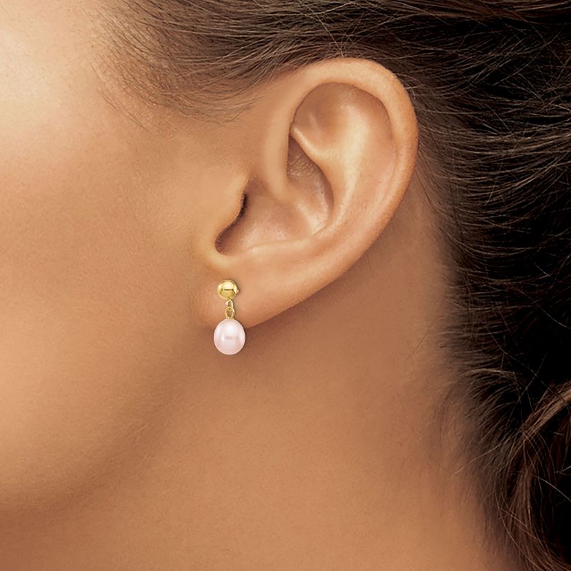 14K Yellow Gold 6-7mm Pink Rice Freshwater Cultured Pearl Dangle Post Earrings
