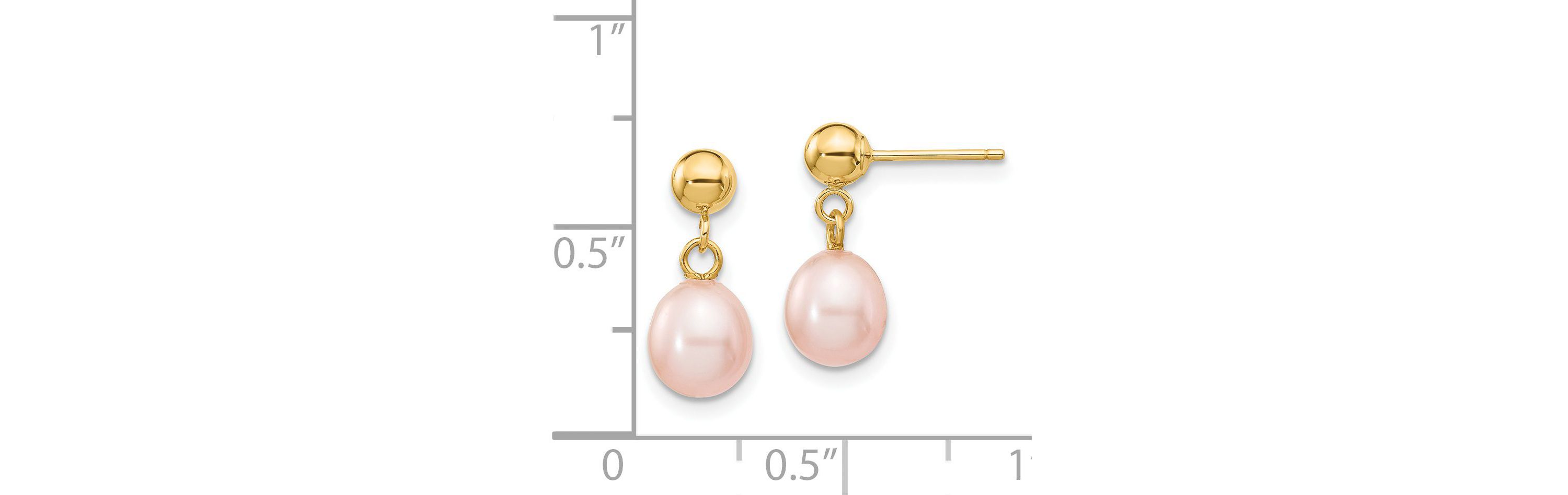 14K Yellow Gold 6-7mm Pink Rice Freshwater Cultured Pearl Dangle Post Earrings