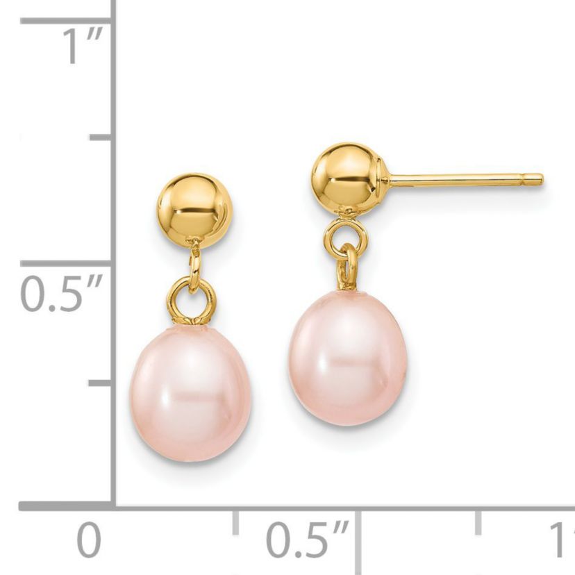 14K Yellow Gold 6-7mm Pink Rice Freshwater Cultured Pearl Dangle Post Earrings