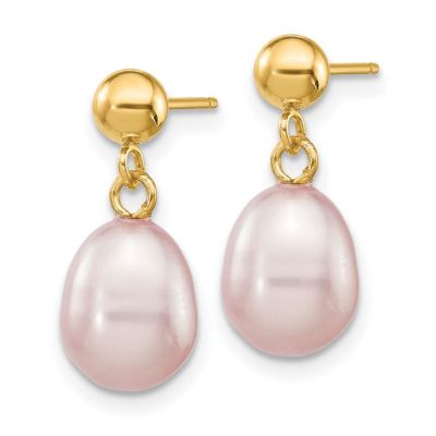 14K Yellow Gold 7-8mm Rice Freshwater Cultured Pearl Dangle Post Earrings