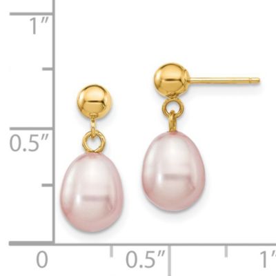 14K Yellow Gold 7-8mm Rice Freshwater Cultured Pearl Dangle Post Earrings