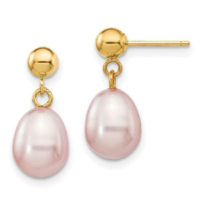 14K Yellow Gold 7-8mm Rice Freshwater Cultured Pearl Dangle Post Earrings