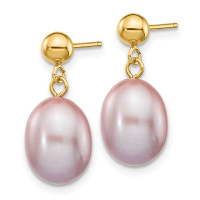 14K Yellow Gold 8-9mm Rice Freshwater Cultured Pearl Dangle Post Earrings