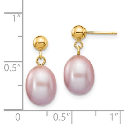 14K Yellow Gold 8-9mm Rice Freshwater Cultured Pearl Dangle Post Earrings