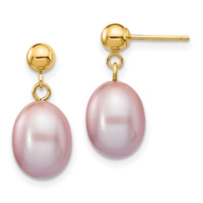 14K Yellow Gold 8-9mm Rice Freshwater Cultured Pearl Dangle Post Earrings