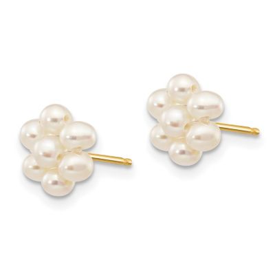 14K Yellow Gold 2-3mm White Egg Freshwater Cultured Pearl Flower Earrings